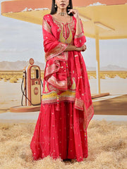Pink Satin Silk Embroidered Kurta and Garara Set