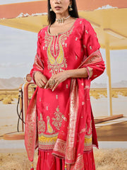 Pink Satin Silk Embroidered Kurta and Garara Set