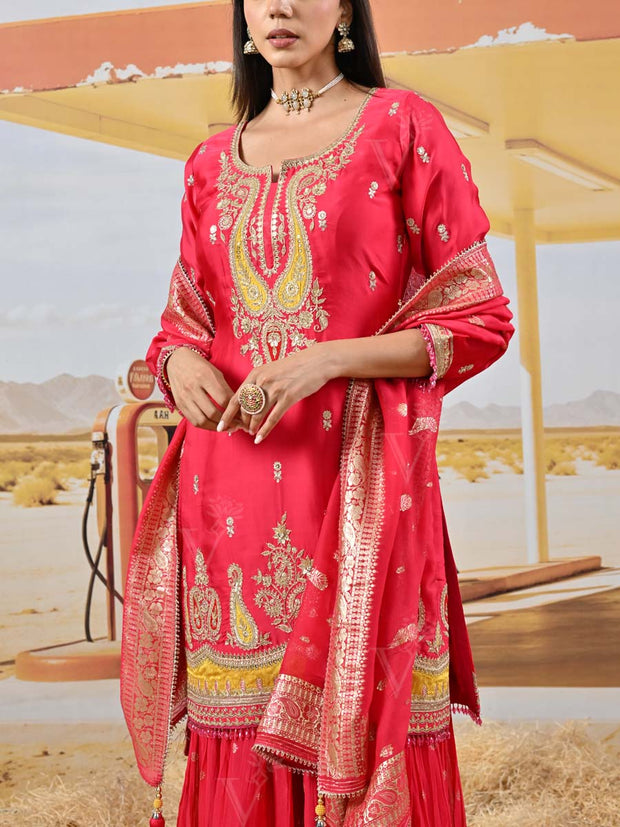 Pink Satin Silk Embroidered Kurta and Garara Set
