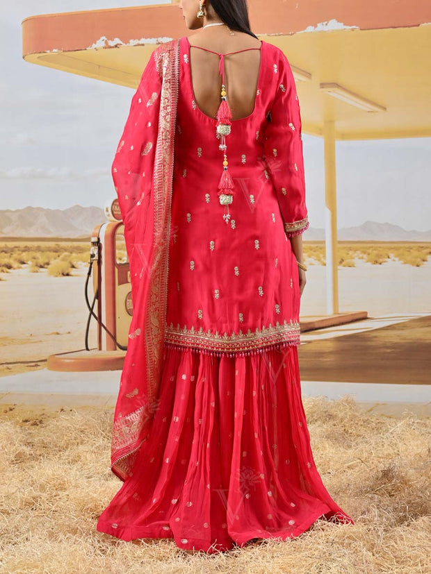 Pink Satin Silk Embroidered Kurta and Garara Set