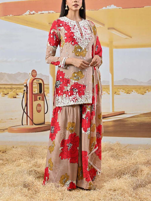 Red and Dusty Pink Wrinkle Crepe Floral Embroidered Kurta and Sharara Set
