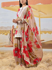 Red and Dusty Pink Wrinkle Crepe Floral Embroidered Kurta and Sharara Set