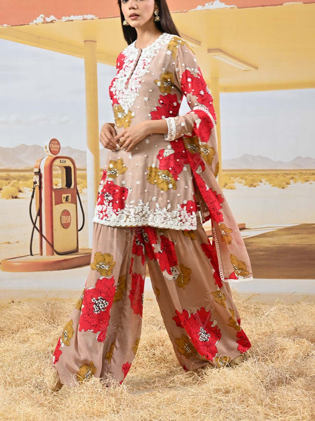 Red and Dusty Pink Wrinkle Crepe Floral Embroidered Kurta and Sharara Set