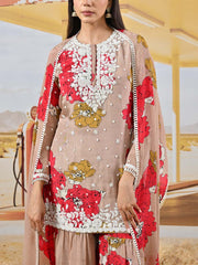 Red and Dusty Pink Wrinkle Crepe Floral Embroidered Kurta and Sharara Set