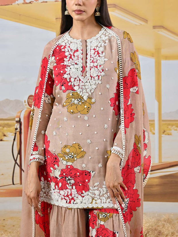 Red and Dusty Pink Wrinkle Crepe Floral Embroidered Kurta and Sharara Set
