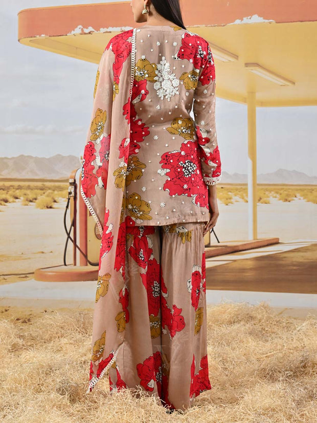 Red and Dusty Pink Wrinkle Crepe Floral Embroidered Kurta and Sharara Set