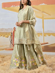 Green Floral Satin Silk Embroidered Kurta and Garara Set