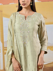 Green Floral Satin Silk Embroidered Kurta and Garara Set