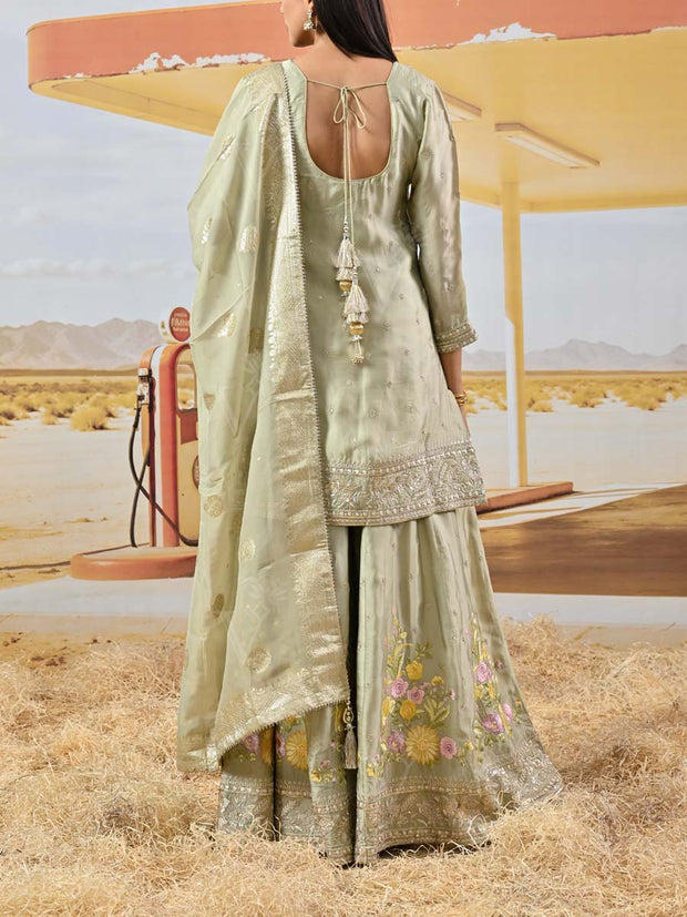 Green Floral Satin Silk Embroidered Kurta and Garara Set