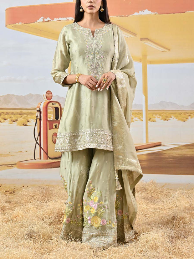Green Floral Satin Silk Embroidered Kurta and Garara Set