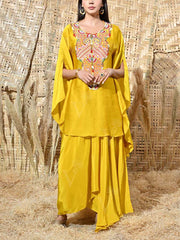 Yellow Embroidered Cape and Drape Skirt Set