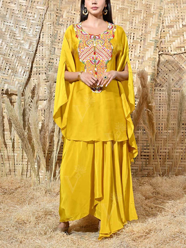 Yellow Embroidered Cape and Drape Skirt Set