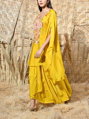 Yellow Embroidered Cape and Drape Skirt Set