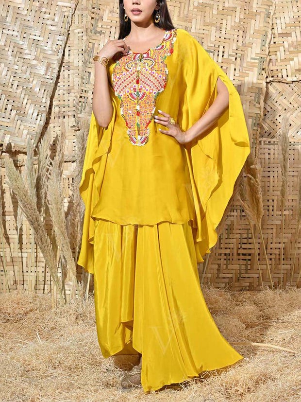Yellow Embroidered Cape and Drape Skirt Set