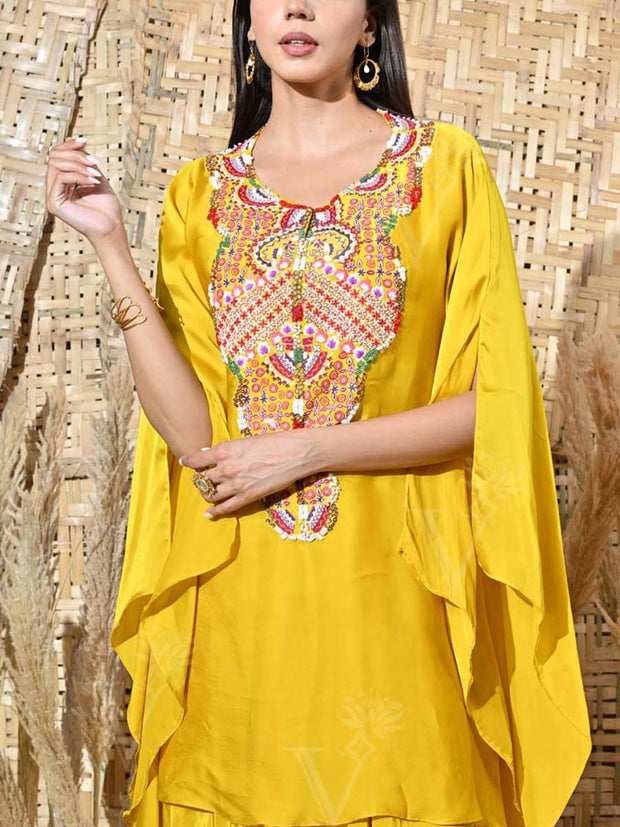 Yellow Embroidered Cape and Drape Skirt Set