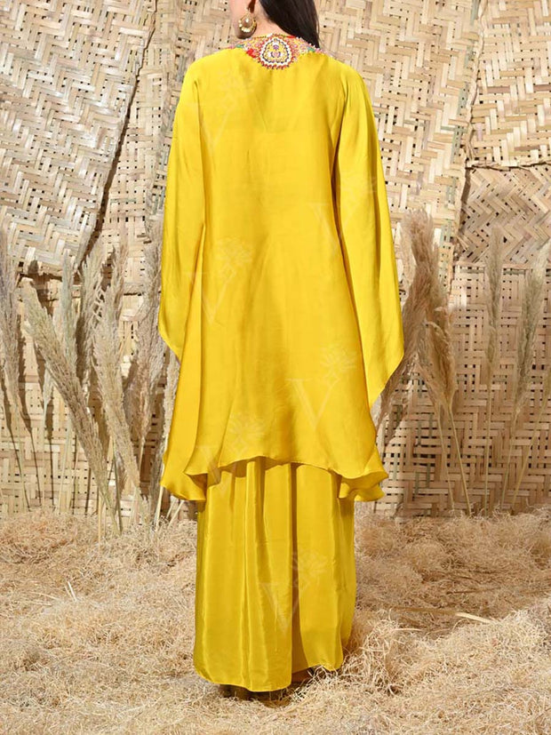 Yellow Embroidered Cape and Drape Skirt Set
