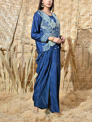 Blue Embroidered Jacket and Drape Skirt Set
