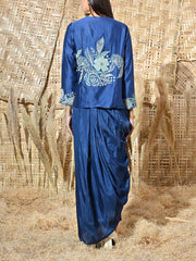 Blue Embroidered Jacket and Drape Skirt Set