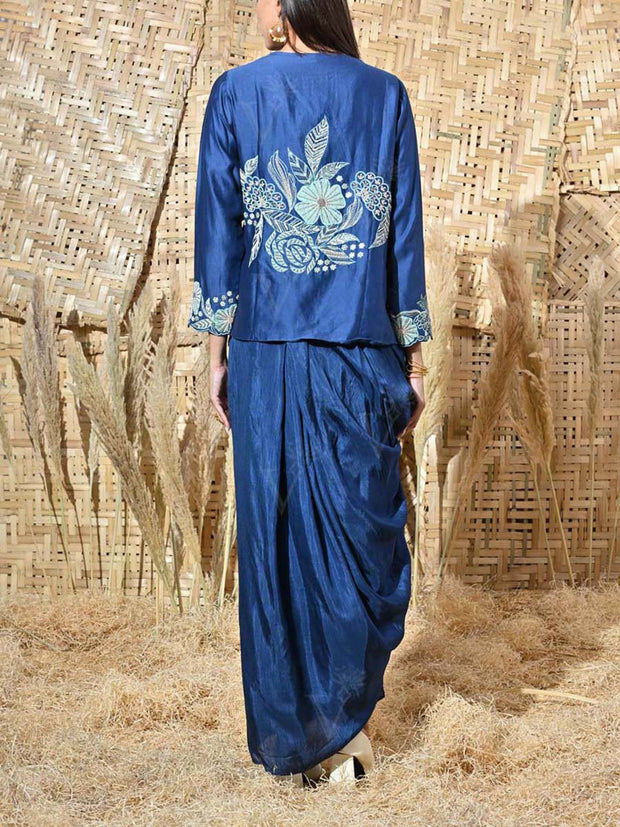 Blue Embroidered Jacket and Drape Skirt Set