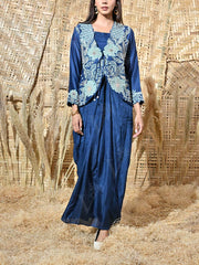 Blue Embroidered Jacket and Drape Skirt Set