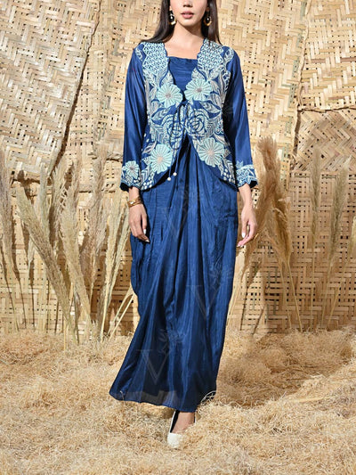 Blue Embroidered Jacket and Drape Skirt Set