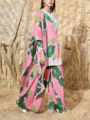 Pink and Green Floral Printed Embroidered Kurta and Sharara Set