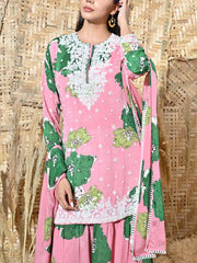 Pink and Green Floral Printed Embroidered Kurta and Sharara Set