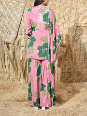 Pink and Green Floral Printed Embroidered Kurta and Sharara Set