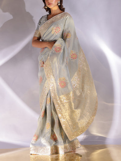Blue Tissue Georgette Gota Patti Saree