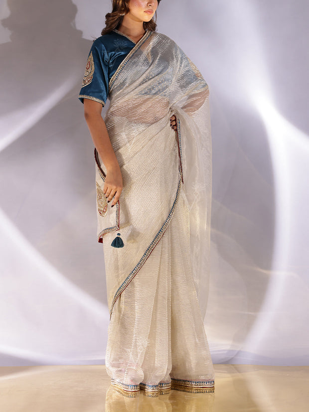 Light Grey Silver Tissue Zardozi saree