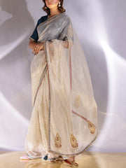 Light Grey Silver Tissue Zardozi saree