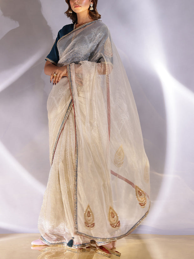 Light Grey Silver Tissue Zardozi saree