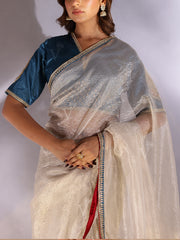 Light Grey Silver Tissue Zardozi saree