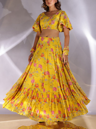 Yellow Wrinkle Crepe Lehenga Set