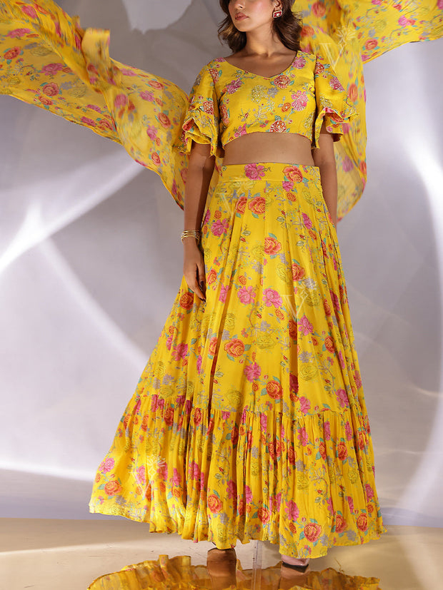 Yellow Wrinkle Crepe Lehenga Set