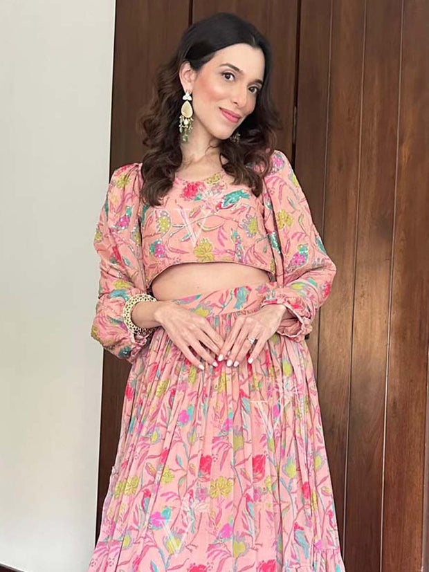 Beige Wrinkle Crepe Lehenga Set
