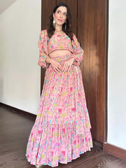 Beige Wrinkle Crepe Lehenga Set