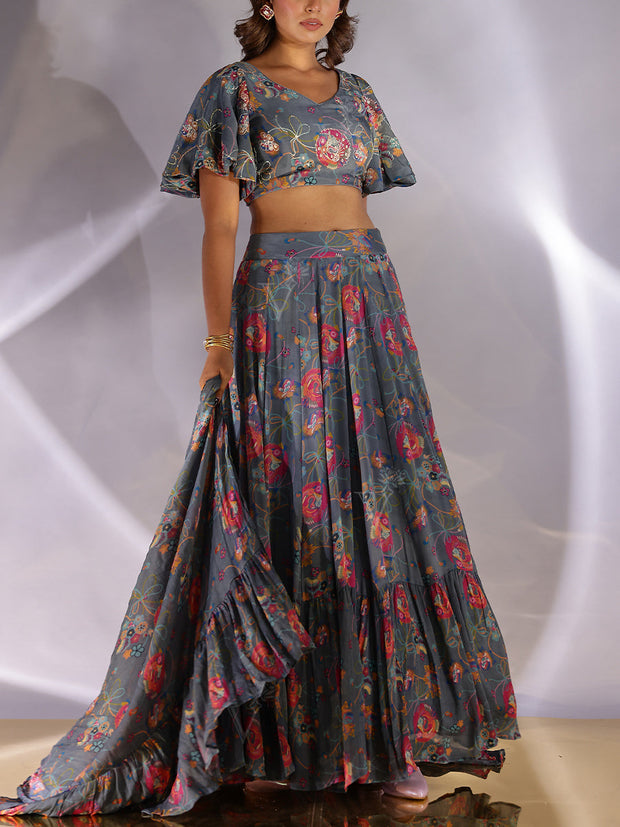 Grey Wrinkle Crepe Lehenga Set