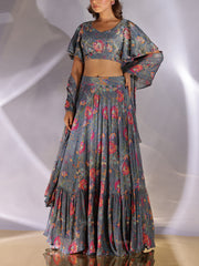 Grey Wrinkle Crepe Lehenga Set