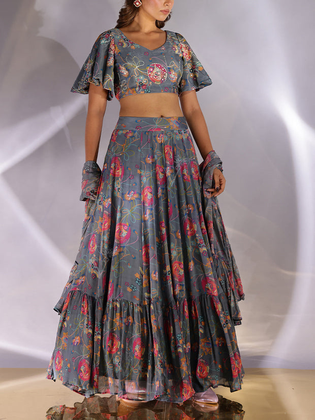 Grey Wrinkle Crepe Lehenga Set