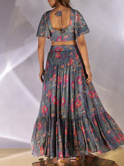 Grey Wrinkle Crepe Lehenga Set