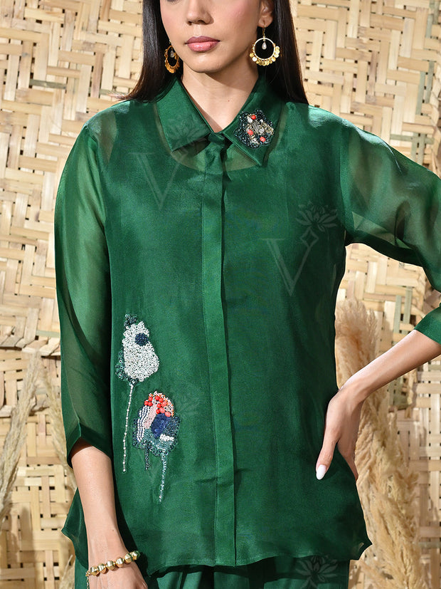 Green Organza Embroidered Co Ord Set