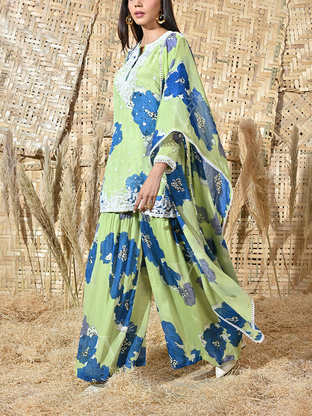 Green and Blue Floral Wrinkle Crepe Embroidered Kurta and Sharara Set