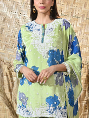 Green and Blue Floral Wrinkle Crepe Embroidered Kurta and Sharara Set