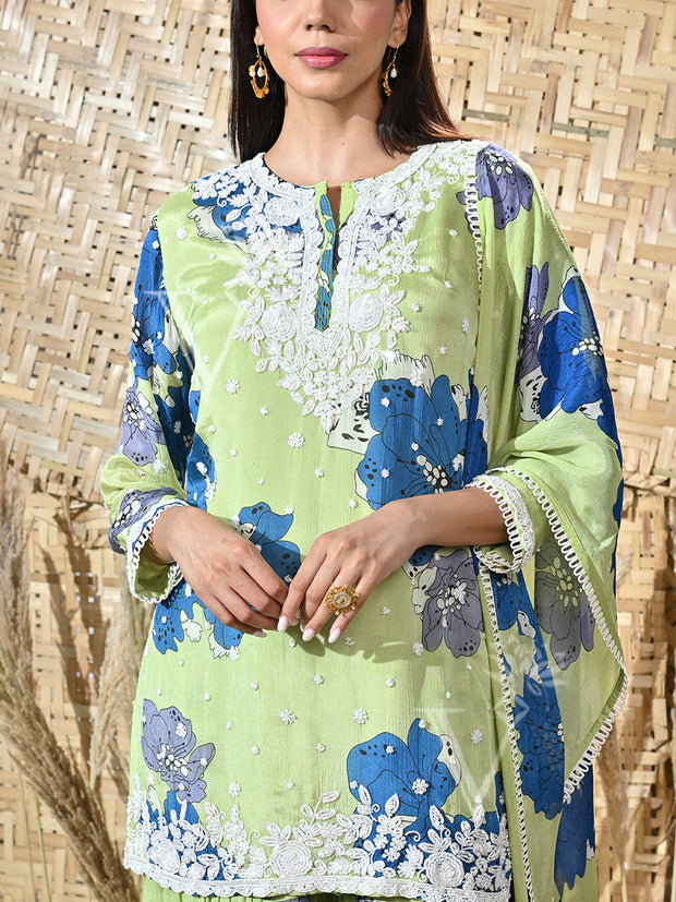 Green and Blue Floral Wrinkle Crepe Embroidered Kurta and Sharara Set