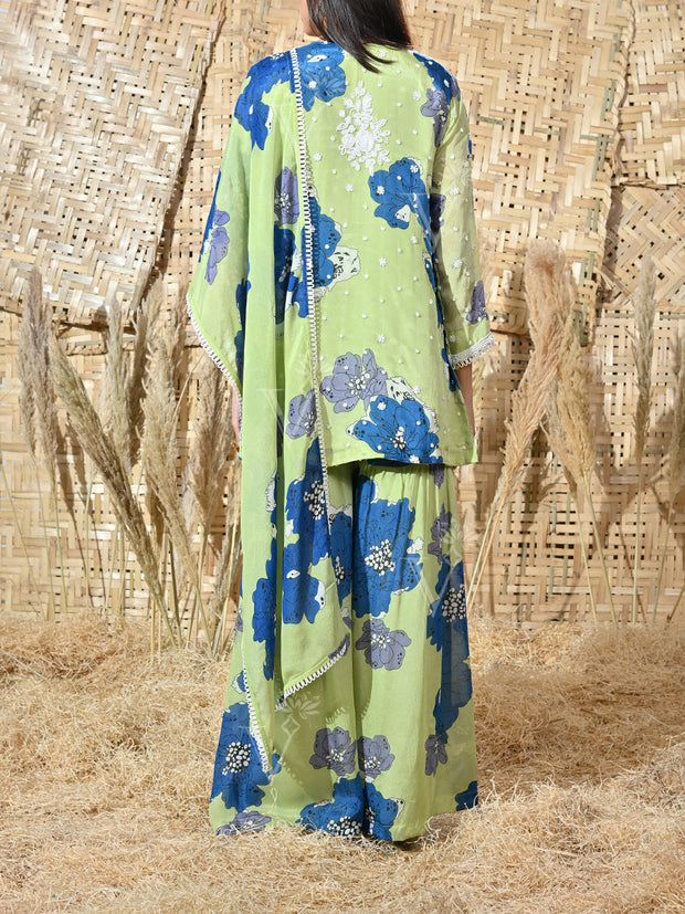 Green and Blue Floral Wrinkle Crepe Embroidered Kurta and Sharara Set