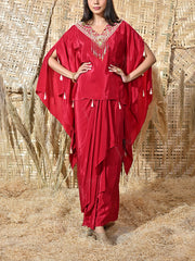 Maroon Crepe Embroidered Cape and Drape Skirt Set