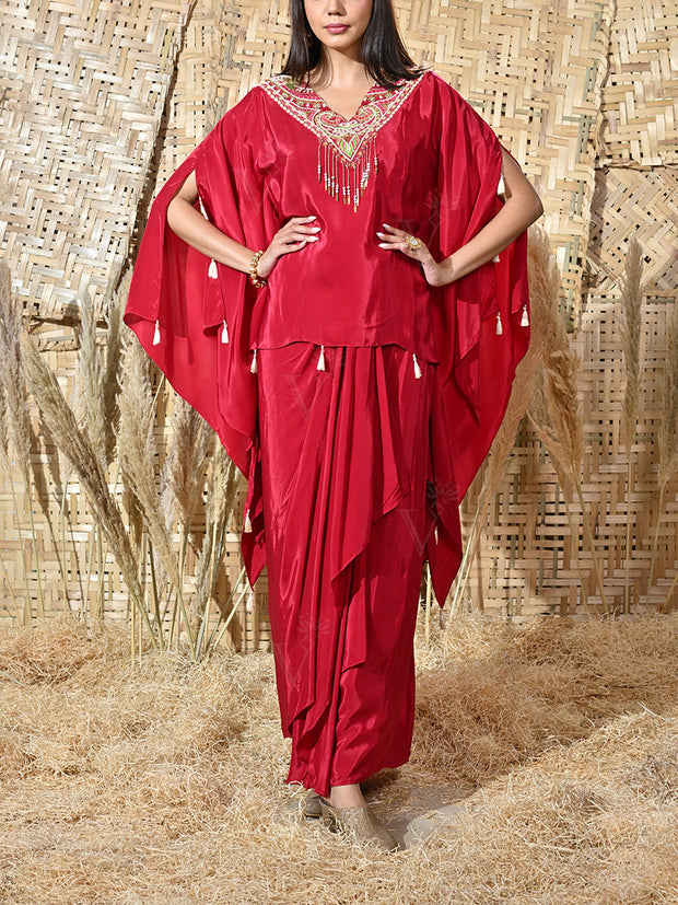 Maroon Crepe Embroidered Cape and Drape Skirt Set