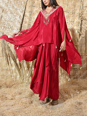 Maroon Crepe Embroidered Cape and Drape Skirt Set