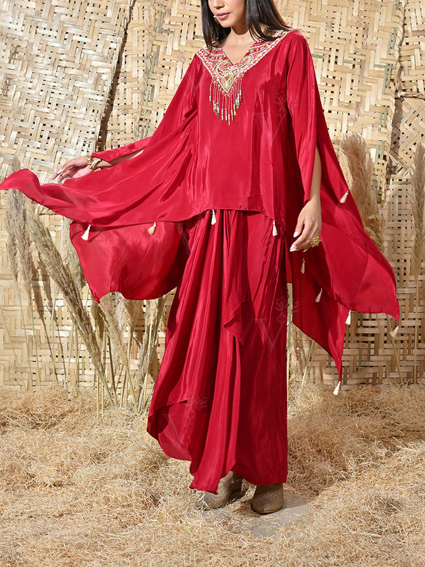 Maroon Crepe Embroidered Cape and Drape Skirt Set